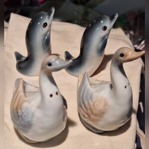 Ceramic Duck and Dolphin  Pairs Of Salt And Pepper Shakers Gray and Cream.japan.